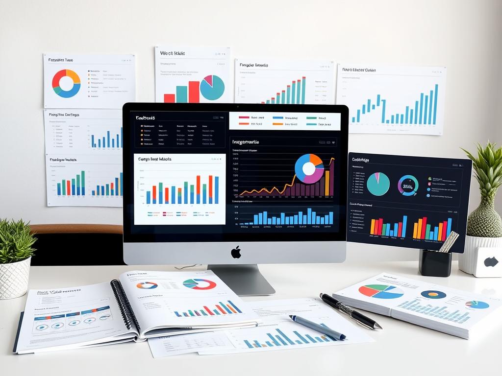 Financial business reports and dashboards showing key metrics
