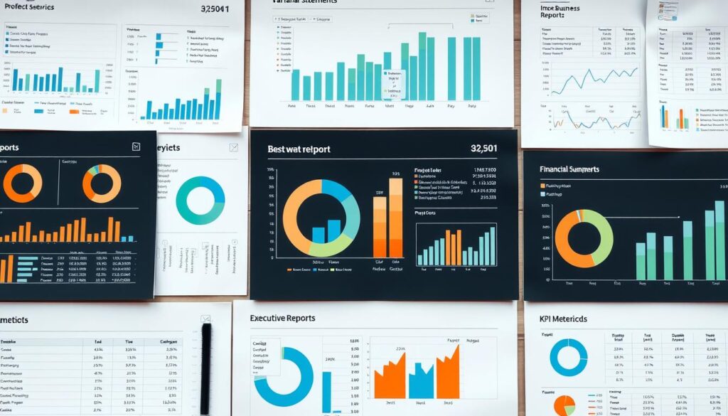 Financial business reports with charts, graphs, and key metrics