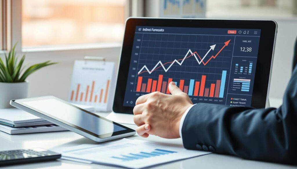 Financial forecasting process with trend lines and projection charts