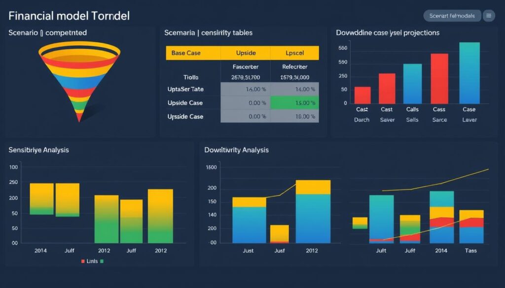 Financial model showing scenario and sensitivity analysis with multiple charts