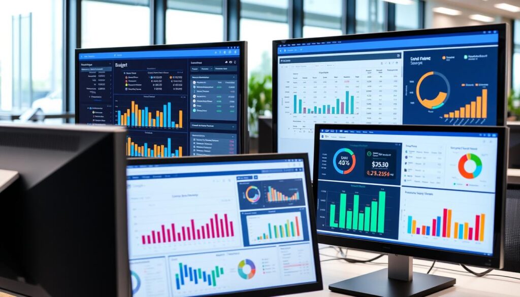 Multiple financial planning software interfaces showing budgets and forecasts