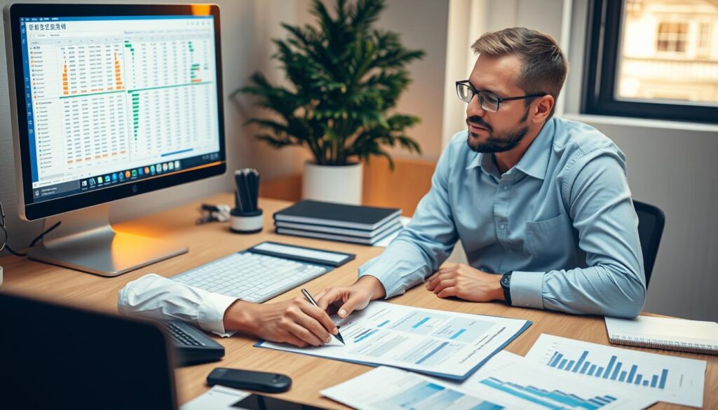 Person working through financial planning steps at a desk with computer and documents