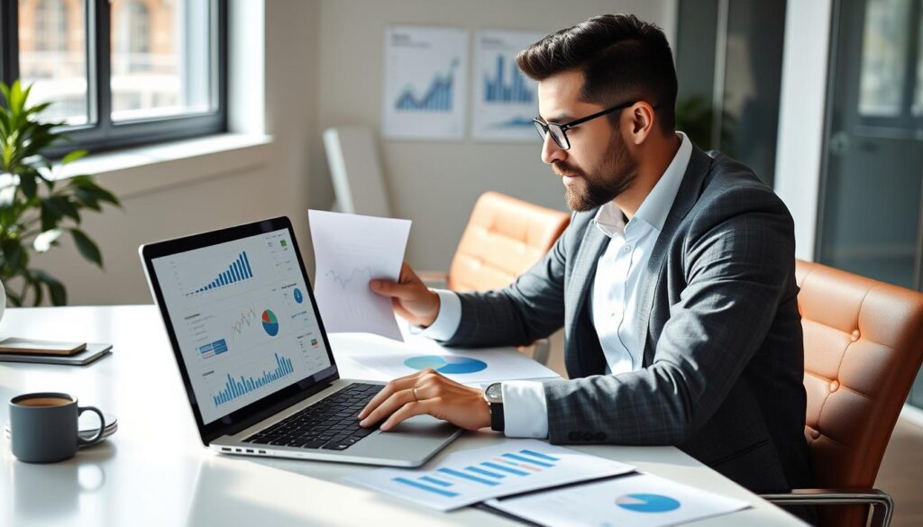 Small business owner analyzing financial statements with charts and graphs