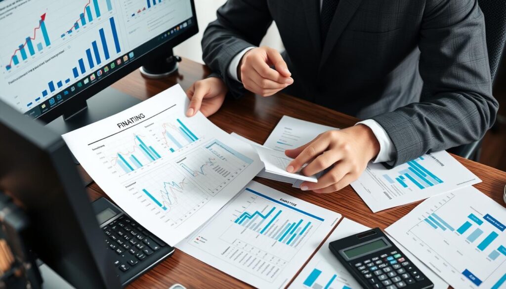 Small business owner conducting financial analysis with growth strategy documents
