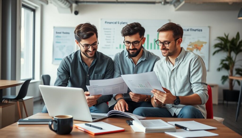 Startup founders reviewing financial projections and business plan