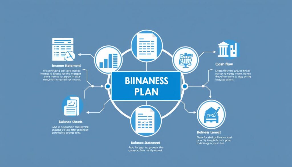 The core components of a financial business plan displayed as interconnected elements