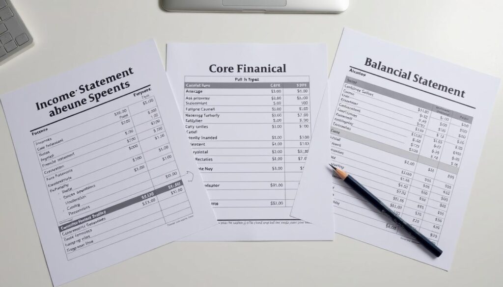 Three core financial statements with data and charts showing their relationship