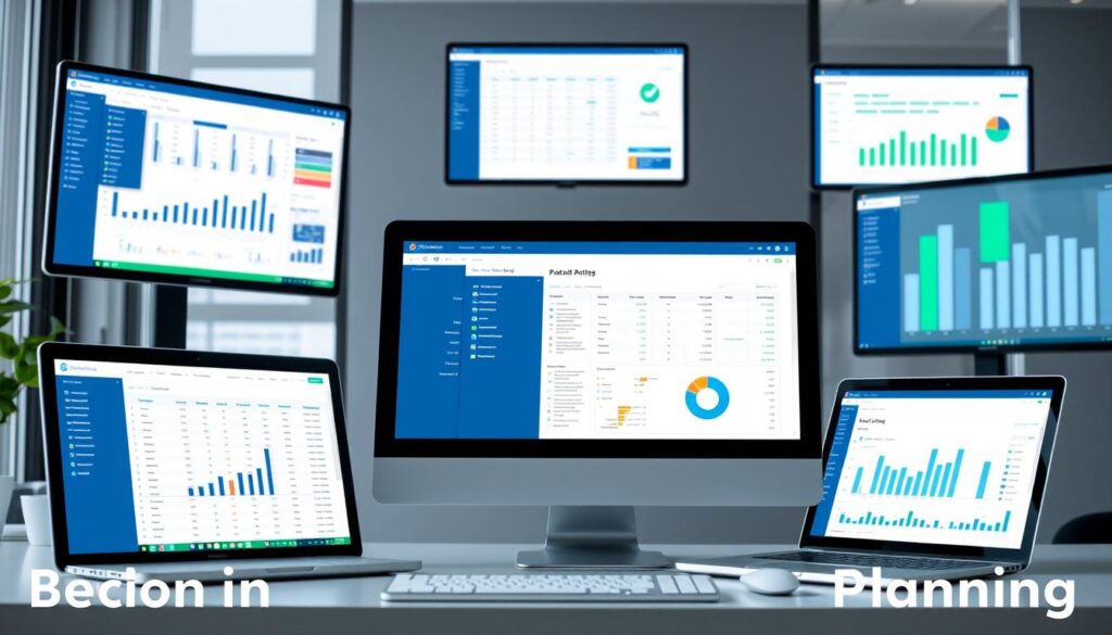 Various financial planning tools and software interfaces on computer screens