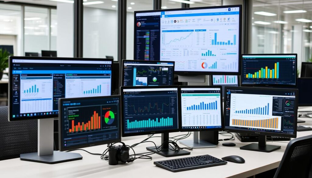 Various financial planning tools and software interfaces on computer screens